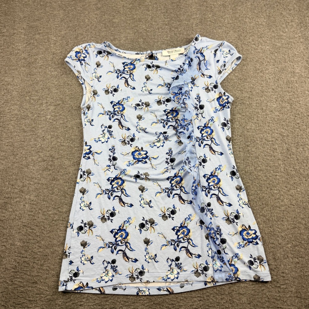 White House Black‎ Market Floral Ruffle Front Cap Sleeve Top XXS Blue